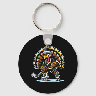 Funny Turkey Playing Ice Hockey Thanksgiving Sport Key Ring