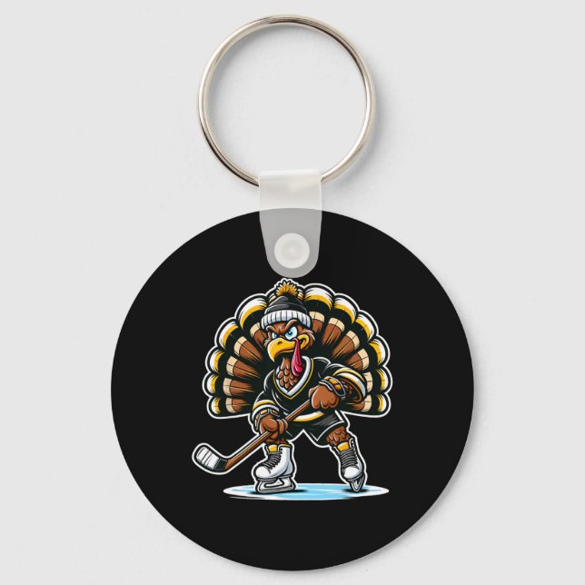 Funny Turkey Playing Ice Hockey Thanksgiving Sport Key Ring (Front)