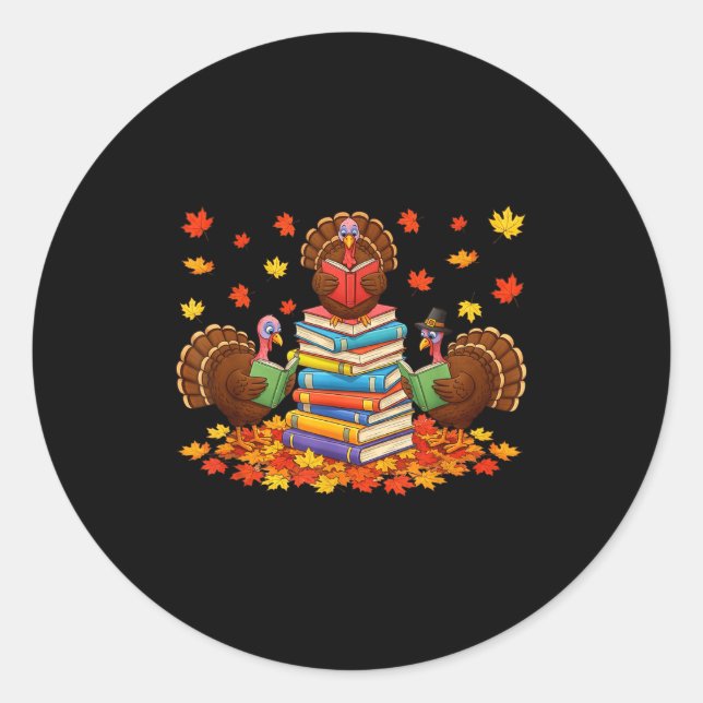 Funny Turkey Reading Book Fall Thanksgiving Teache Classic Round Sticker (Front)