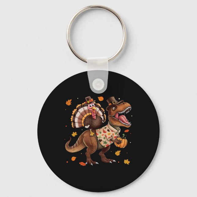 Funny Turkey Riding Dinosaur T Rex Thanksgiving Bo Key Ring (Front)