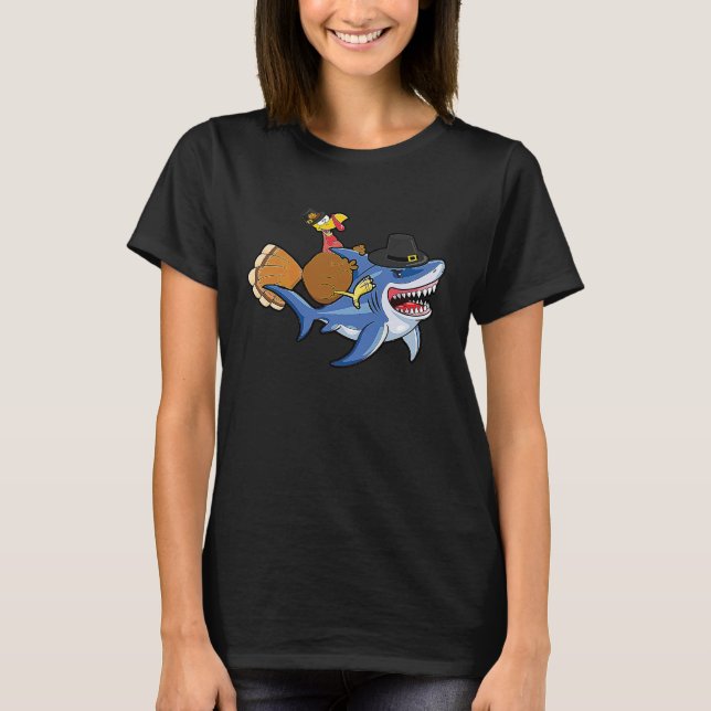 Funny Turkey Riding Shark Cute Turkey Thanksgiving T-Shirt (Front)