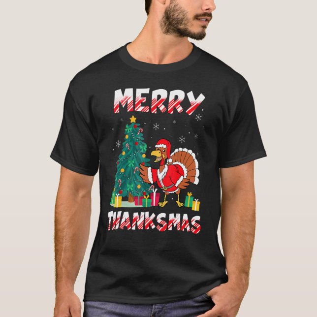 Funny Turkey Santa Merry Thanksmas Christmas Thank T-Shirt (Front)