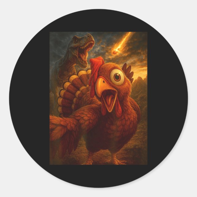 Funny Turkey Selfie With Dinosaur And Meteor Acaly Classic Round Sticker (Front)