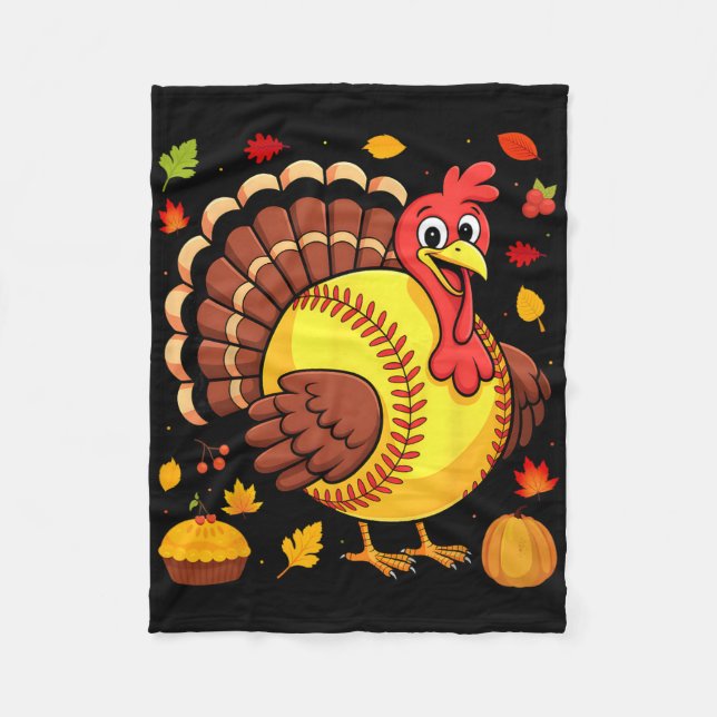 Funny Turkey Softll Player Coach Team Thanksgiving Fleece Blanket (Front)