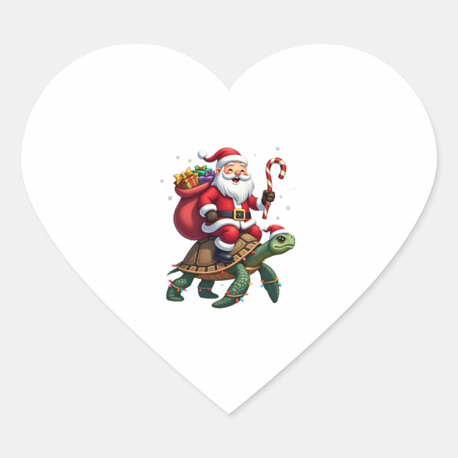 Funny Turtle Christmas Santa Riding Sea Turtle Xma Heart Sticker (Front)