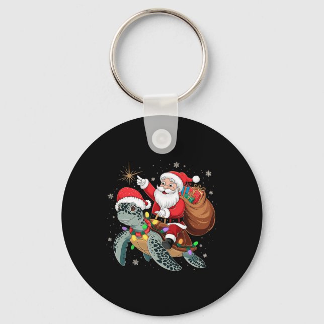 Funny Turtle Christmas Santa Riding Sea Turtle Xma Key Ring (Front)