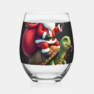Funny Turtle Christmas Santa Riding Sea Turtle Xma Stemless Wine Glass