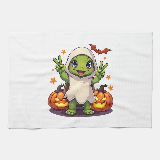 Funny Turtle Ghost Pumpkin Boo Halloween Kids Mens Tea Towel (Horizontal)