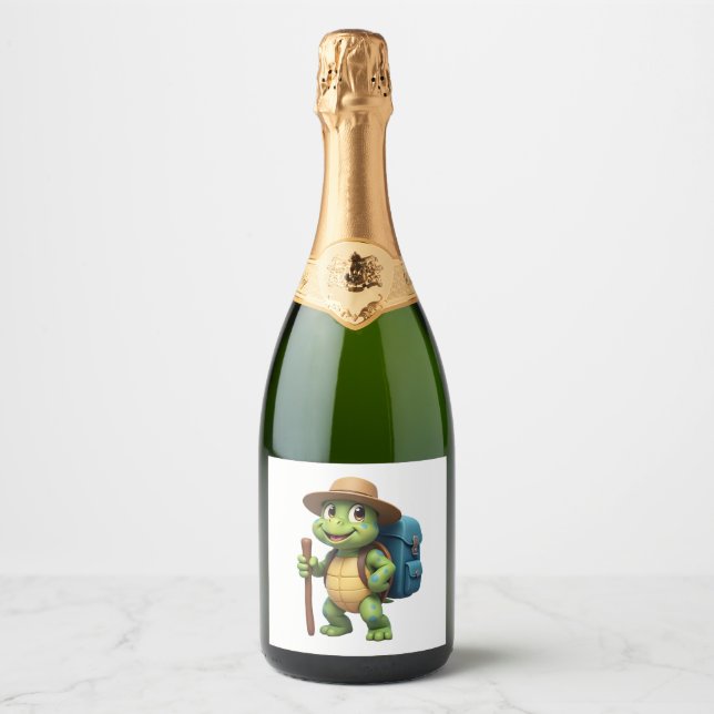 Funny Turtle Hiking Graphic Camping Lover Adventur Sparkling Wine Label (Front)