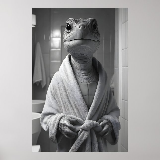 Funny Turtle in Bathrobe Print, Quirky Bathroom Poster (Front)