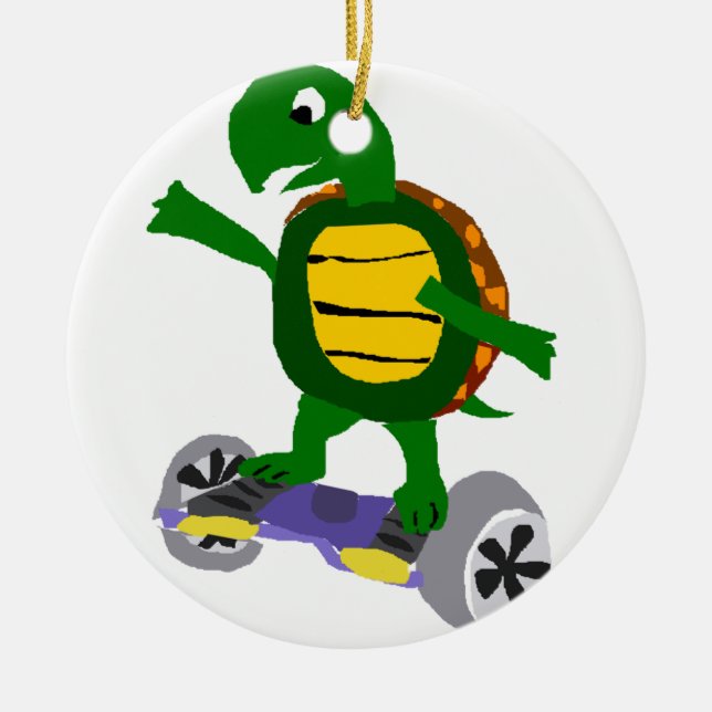 Funny Turtle on Hoverboard Original Art Ceramic Tree Decoration (Front)