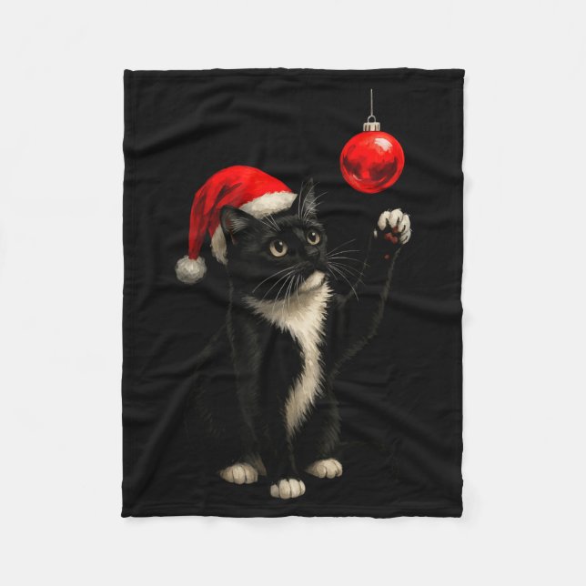 Funny Tuxedo Bauble Cat Santa Hat Red Xmas Christm Fleece Blanket (Front)