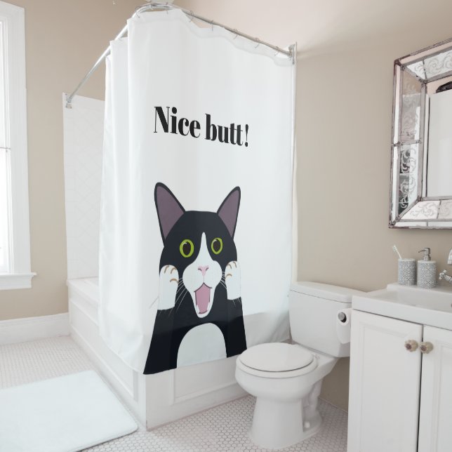 Funny tuxedo cat cartoon nice butt quote shower curtain (In Situ)