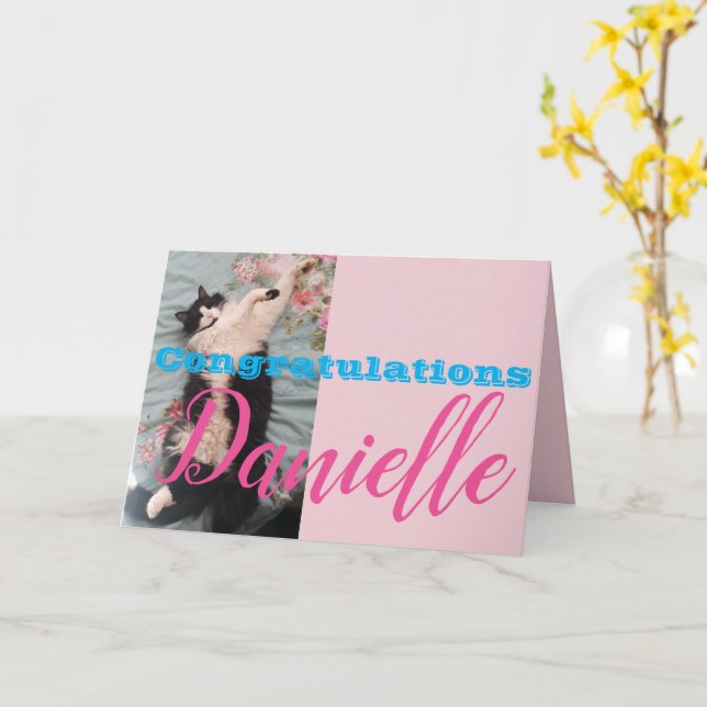 Funny Tuxedo Cat Congratulations Womans Name Card (Yellow Flower)