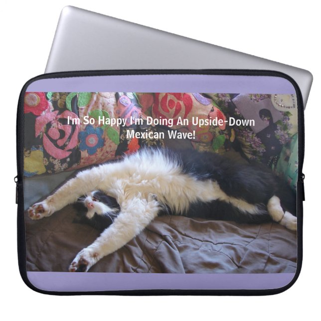 Funny Tuxedo Cat Cute doing a Mexican Wave Magnet Laptop Sleeve (Front)