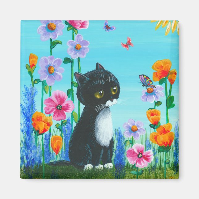 Funny Tuxedo Cat Flowers Creationarts Magnet (Front)