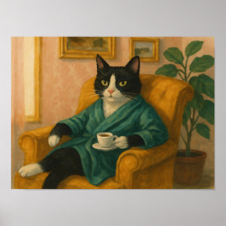 Funny Tuxedo Cat in Bathrobe Drinking Coffee  Poster