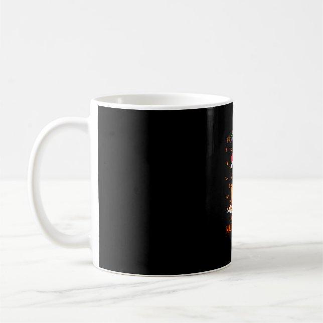 Funny Tuxedo Cat On Pumpkin Happy Hallothanksmas Coffee Mug (Left)
