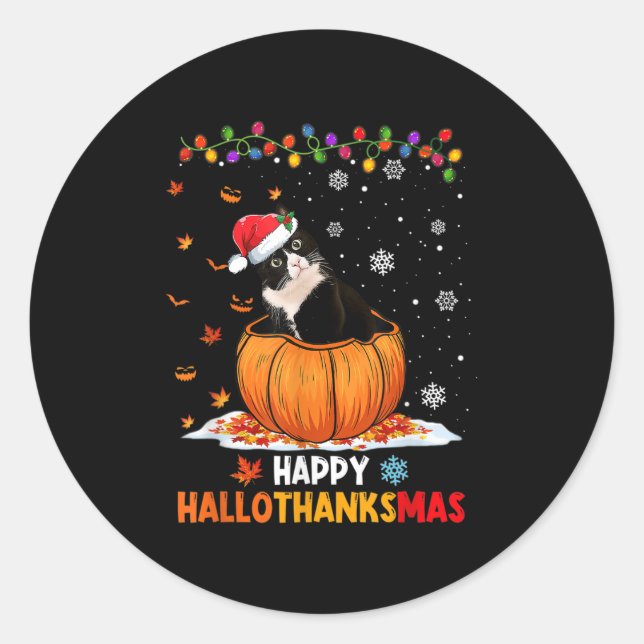 Funny Tuxedo Cat On Pumpkin Happy Hallothanksmas M Classic Round Sticker (Front)