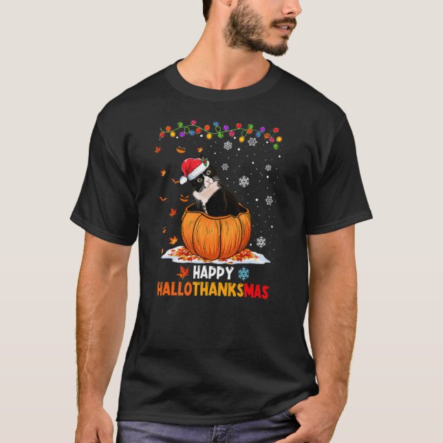 Funny Tuxedo Cat On Pumpkin Happy Hallothanksmas T-Shirt (Front)