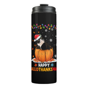 Funny Tuxedo Cat On Pumpkin Happy Hallothanksmas Thermal Tumbler