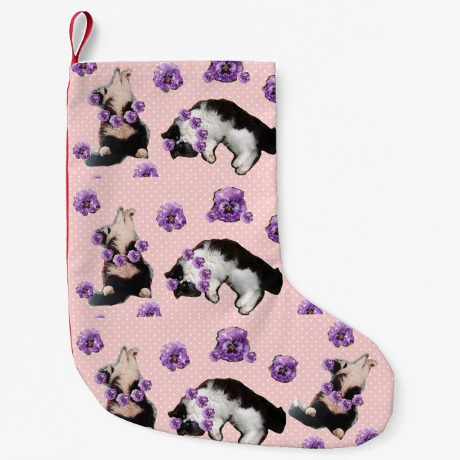 Funny Tuxedo Cat Pink Polka Dot Christmas Stocking (Front)