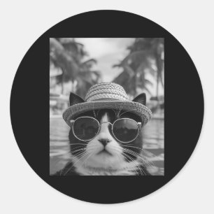 Funny Tuxedo Cat Selfie Cat Summer Vacation Classic Round Sticker