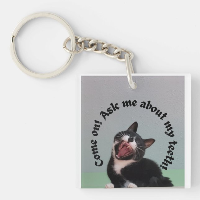 Funny tuxedo cat showing her teeth. T-Shirt Key Ring (Front)