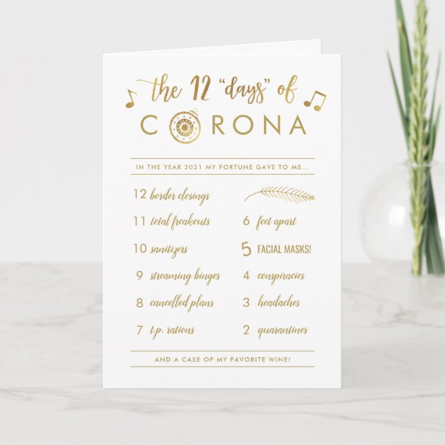 Funny Twelve Days of Corona Christmas Gold White Holiday Card (Front)