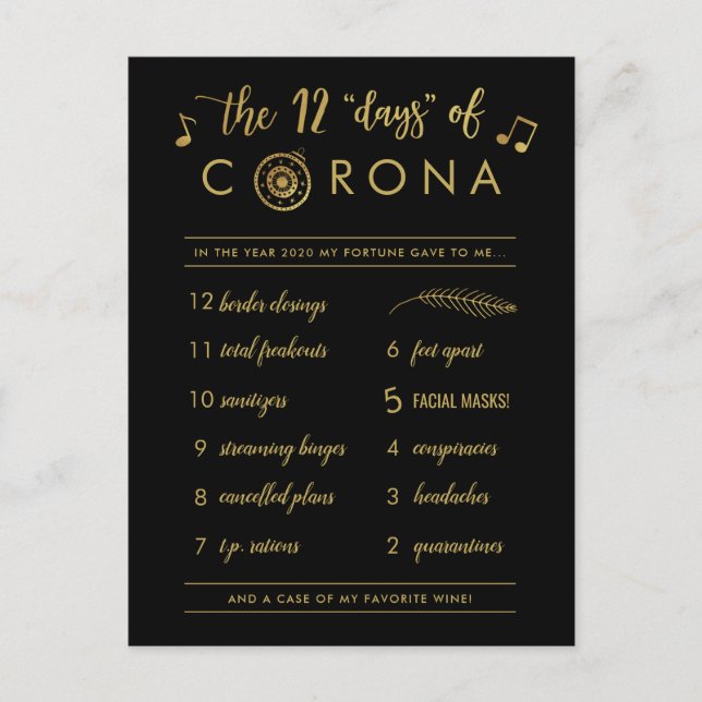 Funny Twelve Days of Corona | Gold Christmas Black Holiday Postcard (Front)