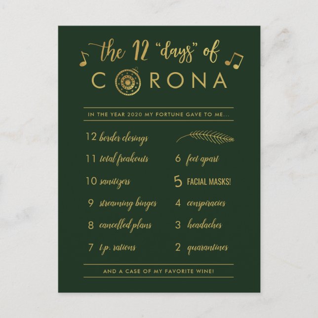 Funny Twelve Days of Corona | Gold Christmas Green Holiday Postcard (Front)
