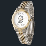 Funny Two-Tone Anniversary Watch - Give Me Some<br><div class="desc">Celebrate every second of your journey together with this elegant two-tone anniversary watch. Featuring a humorous 'Give Me Some Time' alarm clock illustration on a classic white dial, this timepiece is a charming blend of sophisticated luxury and witty personality. The polished gold and silver-toned link bracelet makes it a versatile...</div>