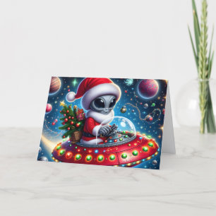 Funny UFO Alien Helpers Christmas Holiday Card