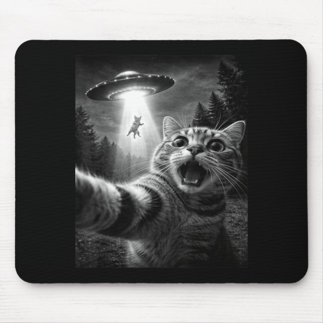 Funny UFO Cat Selfie Alien Abduction Graphic Gift Mouse Pad (Front)
