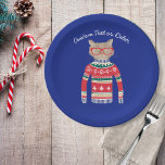 Funny Ugly Christmas Sweater, Custom Cat Lover Paper Plate<br><div class="desc">Funny winter holiday Christmas paper plates featuring a cat wearing red glasses and an "Ugly" Christmas Nordic Sweater.  Actually,  we think he's rather cute!  Add your custom text above or delete. Perfect for Christmas Parties or Winter Birthdays especially great for cat lovers.</div>
