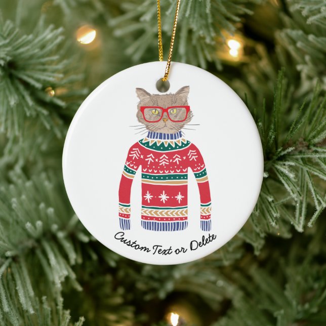Funny Ugly Christmas Sweater, Cute Cat Lover Ceramic Tree Decoration (Tree)