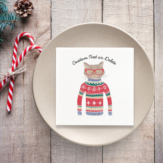 Funny Ugly Christmas Sweater Party, Cute Cat Lover Napkin (Creator Uploaded)