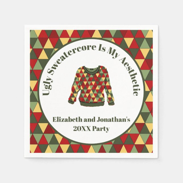 Funny Ugly Christmas Sweater Red Green Gold Napkin (Front)