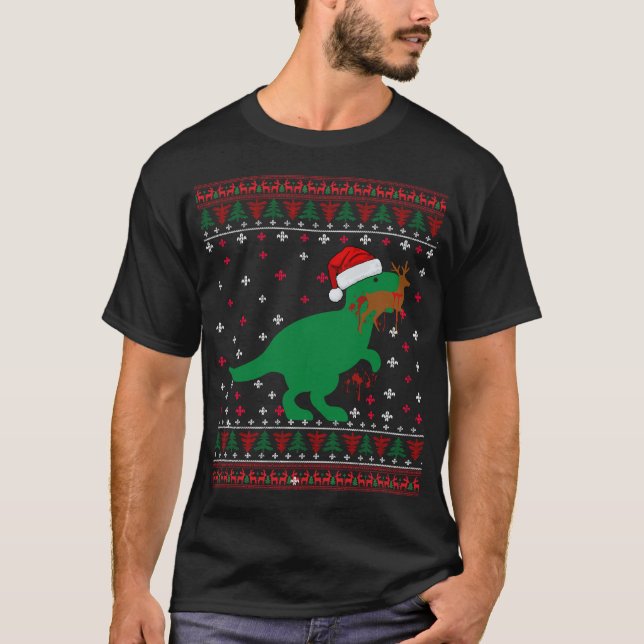 Funny Ugly Christmas T Rex Eating Reindeer Sweater (Front)
