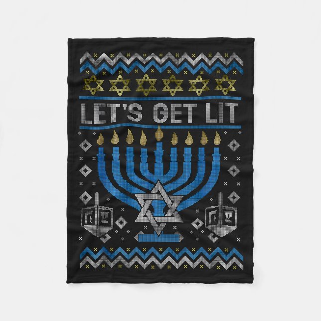 Funny Ugly Hanukkah Sweater Lets Get Lit Menorah J Fleece Blanket (Front)