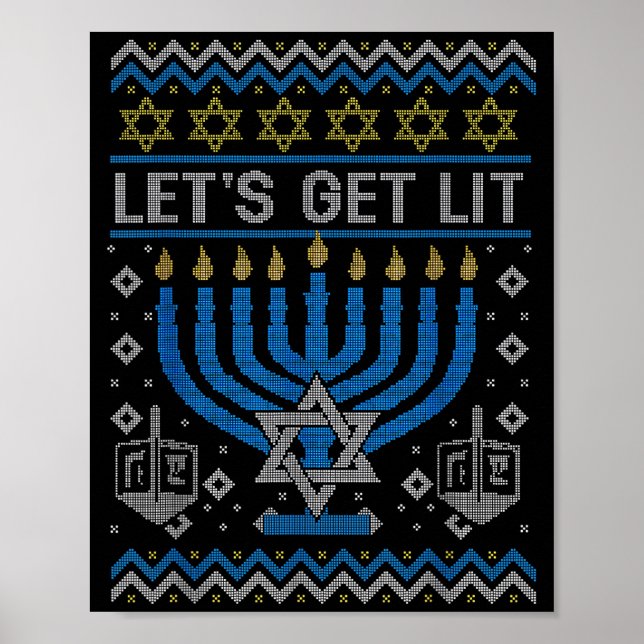 Funny Ugly Hanukkah Sweater Lets Get Lit Menorah J Poster (Front)