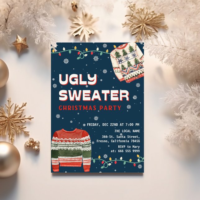 Funny Ugly Sweater Christmas Party Invitation (Funny ugly sweater blue christmas party invitation)