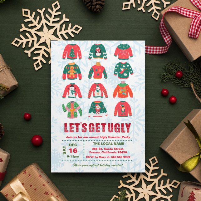 Funny Ugly Sweater Christmas Party Invitation (Lets get ugly, funny ugly sweater christmas party invitation)