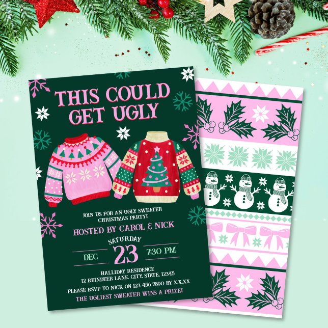 Funny Ugly Sweater Christmas Party & Snowflakes Invitation (Ugly Sweater Christmas Party & Snowflakes Invitation)