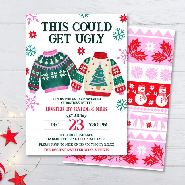 Funny Ugly Sweater Christmas Party & Snowflakes Invitation (Ugly Sweater Christmas Party & Snowflakes Invitation)