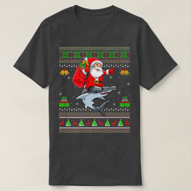 Funny Ugly Xmas Santa Riding Hammerhead Shark Fish T-Shirt (Design Front)