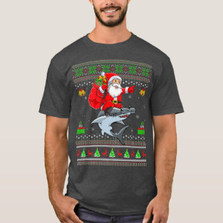 Funny Ugly Xmas Santa Riding Hammerhead Shark Fish T-Shirt