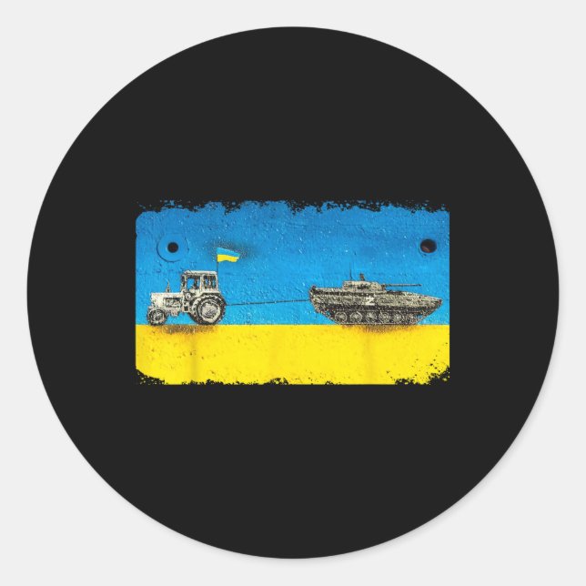Funny Ukrainian Farmer Pulling Tank With Tractor  Classic Round Sticker (Front)