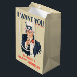 Funny Uncle Sam Patriotic Birthday Medium Gift Bag<br><div class="desc">Uncle Sam wants you to have a happy birthday! This birthday gift bag has the look of the classic Uncle Sam recruitment poster making it perfect for American history buffs, patriotic friends and more. Plus the red text can be customised with your own greeting so that you can create the...</div>