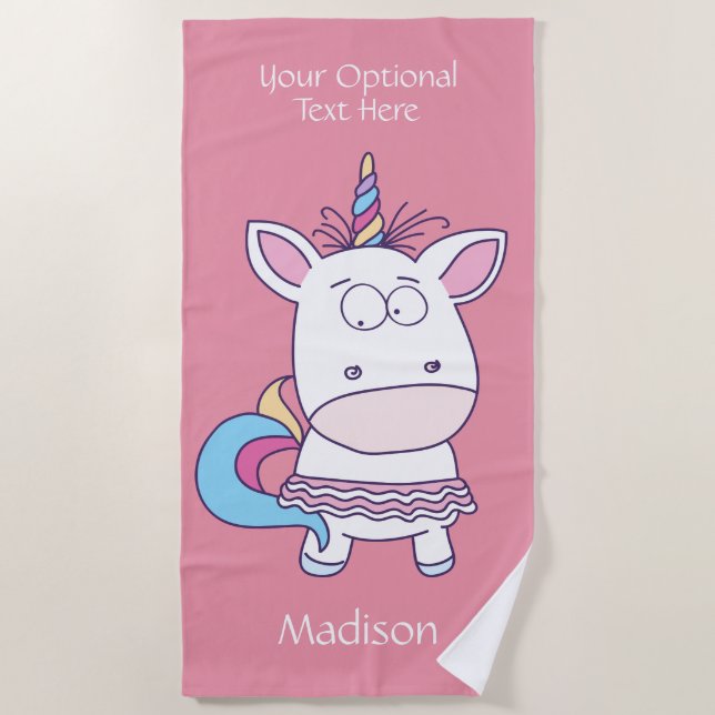 Funny Unicorn custom name & colour beach towel (Front)